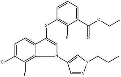 Bensósýra, 3-[[6-klór-7-flúor-1-(1-própýl-1H-pýrasól-4-ýl){ {8}}H-indól-3-ýl]þíó]-2-flúoró-, etýlester (ACI) CAS nr.: 1782070-73-8